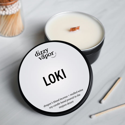 Loki Travel Tin | Dragons Blood & Mulled Wine Hand Poured Soy Candle