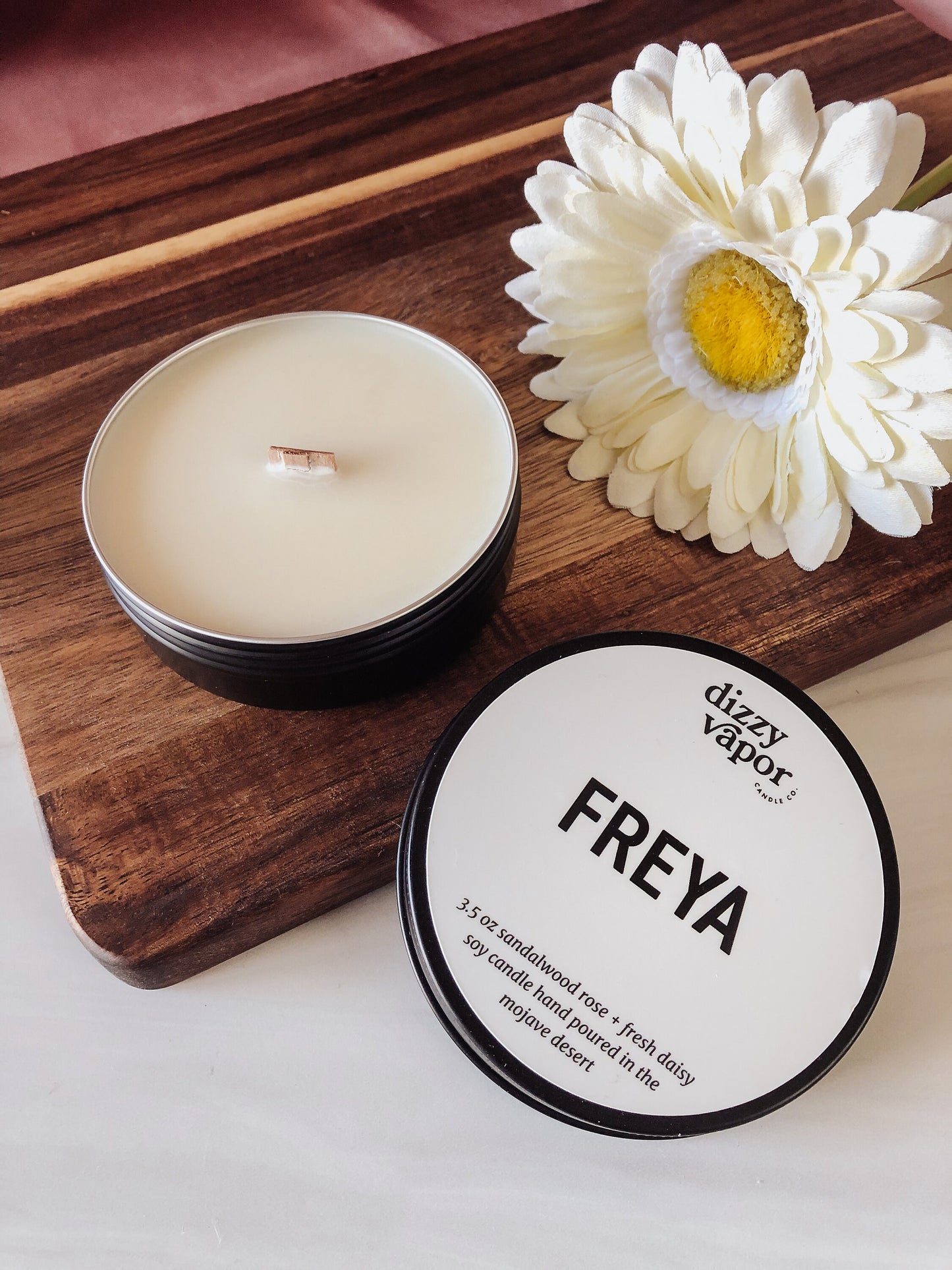 Freya Travel Tin | Sandalwood Rose & Fresh Daisy Hand Poured Soy Candle